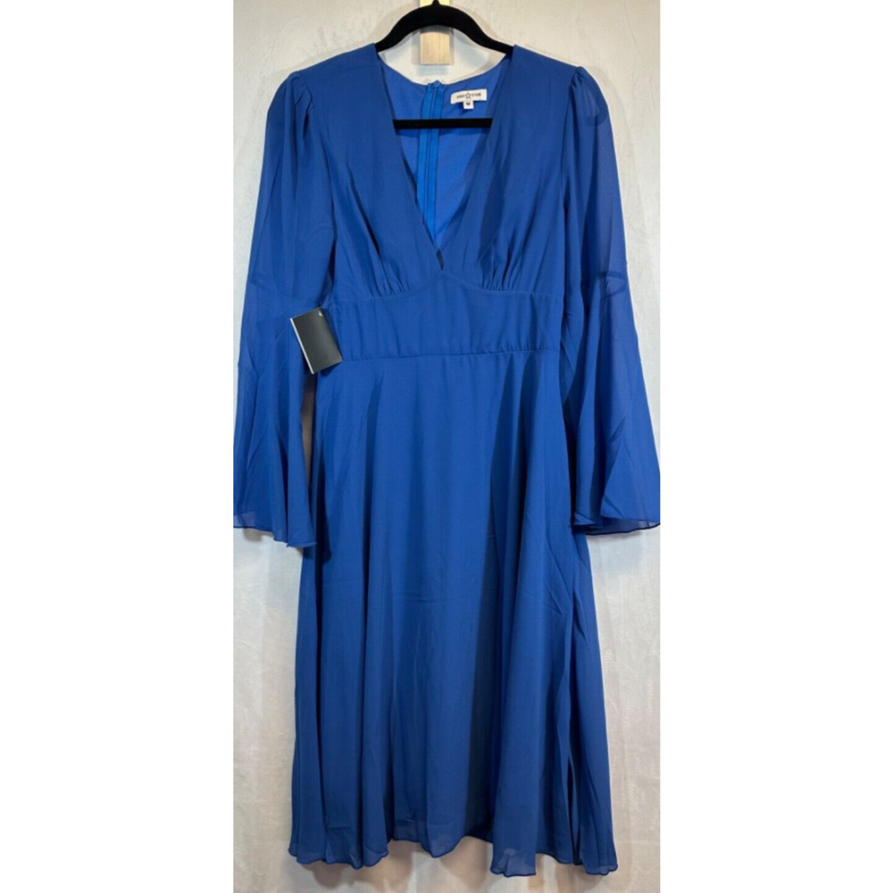 NWT Area Stars Blue Size M Midi Bell Sleeve Dress Fit and flare Lined D27